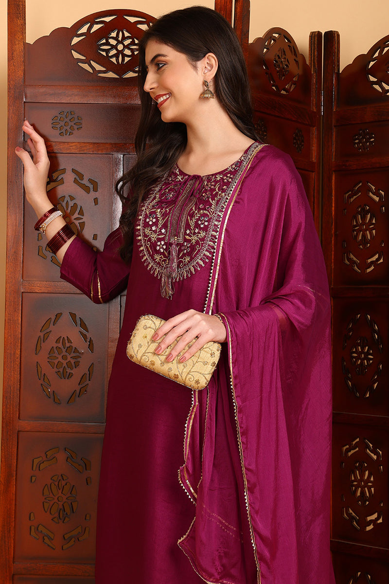 Silk Blend Purple Embroidered Straight Kurta Pant With Dupatta | SHOBITAM