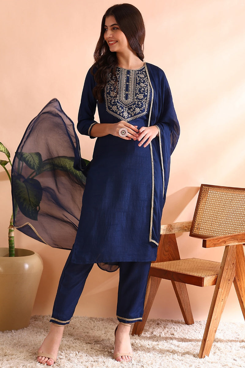 Blue Silk Blend Straight Yoke Design Kurta Pant With Dupatta | SHOBITAM