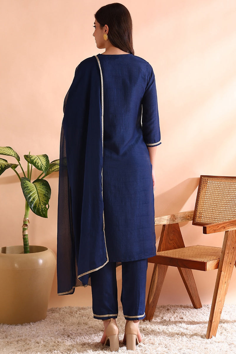 Blue Silk Blend Straight Yoke Design Kurta Pant With Dupatta | SHOBITAM