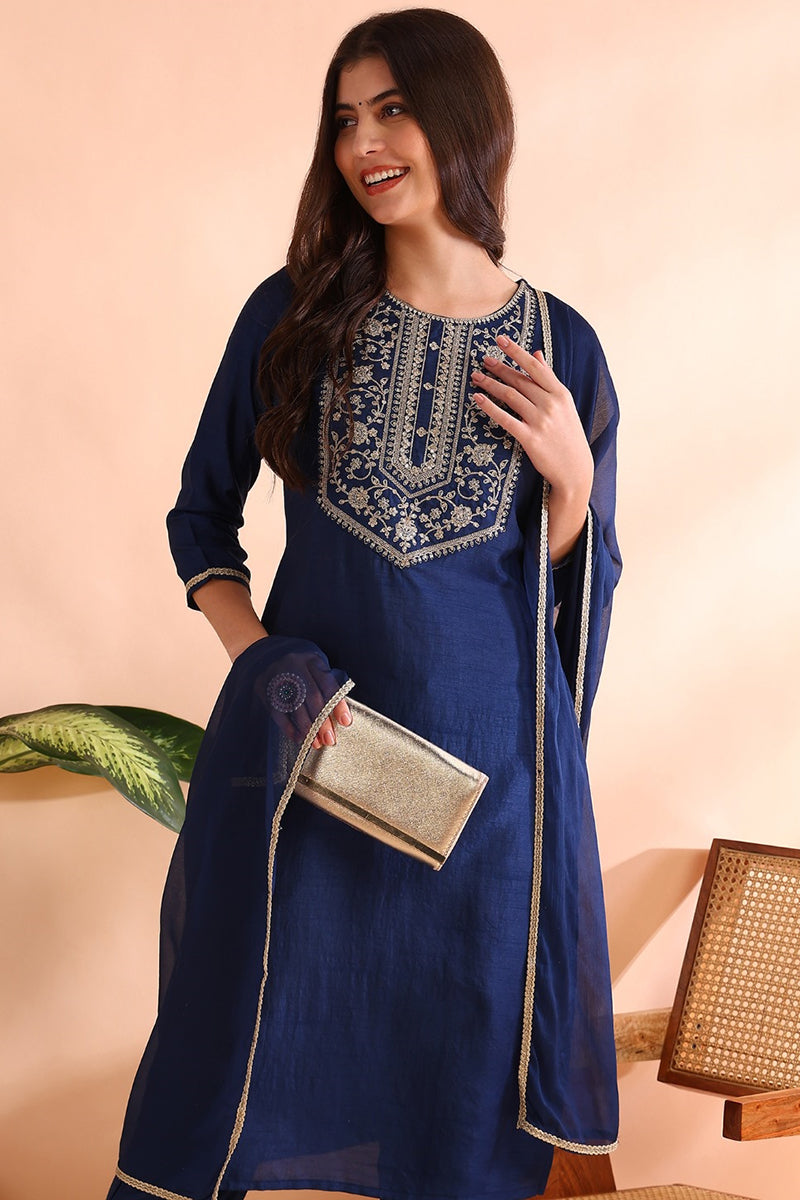 Blue Silk Blend Straight Yoke Design Kurta Pant With Dupatta | SHOBITAM