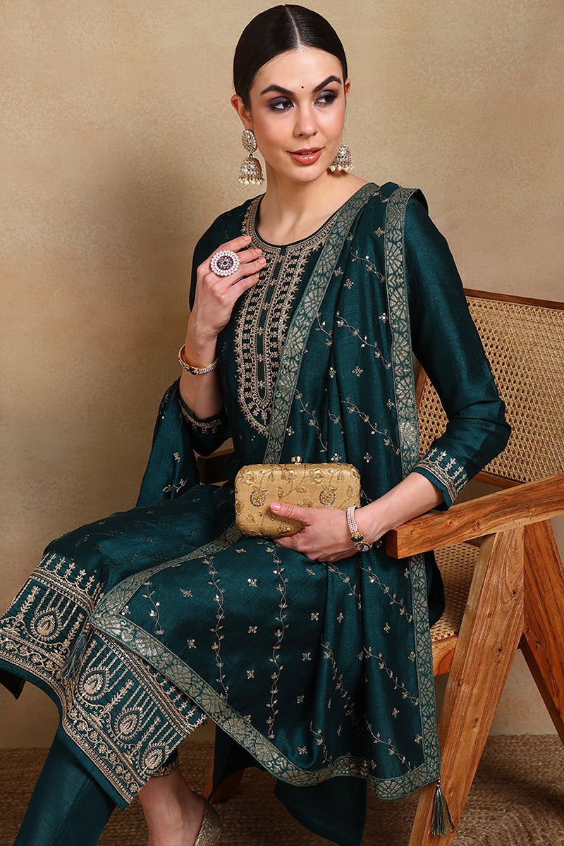 Green Silk Blend Embroidered Straight Suit Set | SHOBITAM