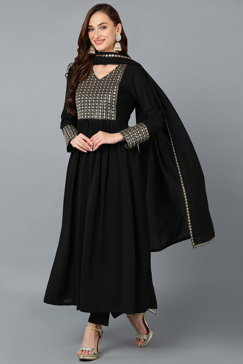 Black Georgette Sequinned Flared Suit Set | SHOBITAM