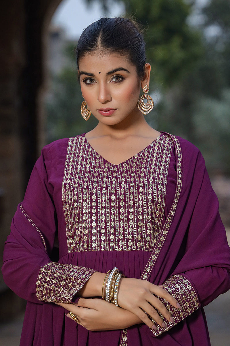 Burgundy Georgette Yoke Design Kurta Pant With Dupatta | SHOBITAM