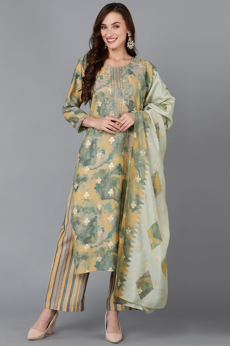Yellow Silk Blend Straight Kurta Palazzo With Dupatta | SHOBITAM