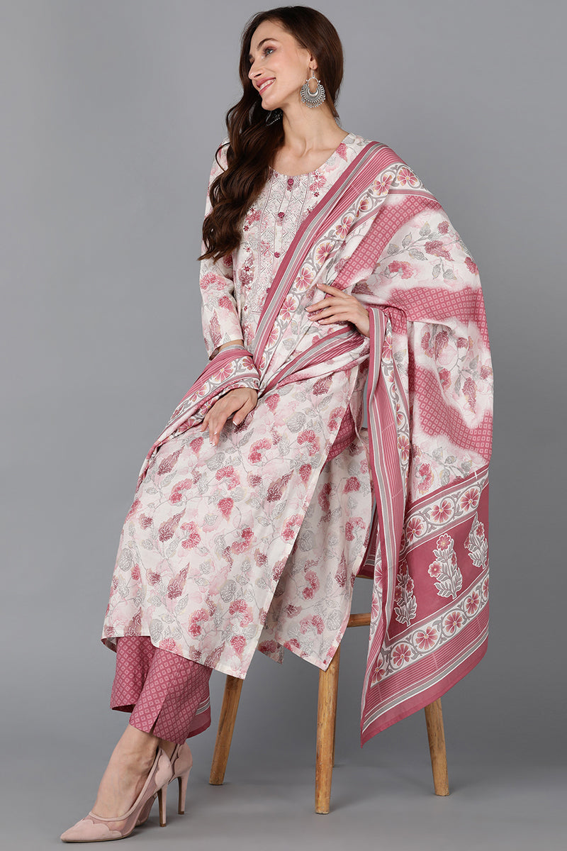 Off White Silk Blend Floral Straight Kurta Pant With Dupatta | SHOBITAM