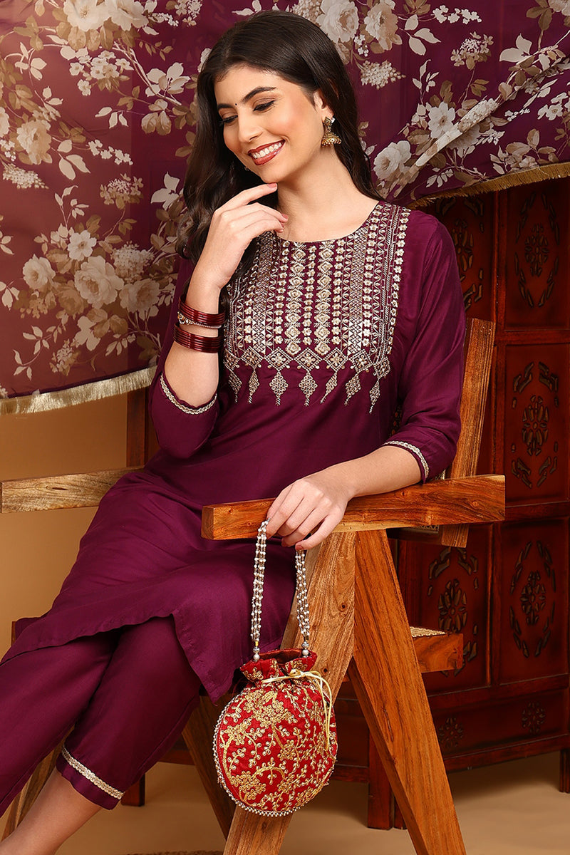 Purple Silk Blend Yoke Design Kurta Pant With Dupatta | SHOBITAM