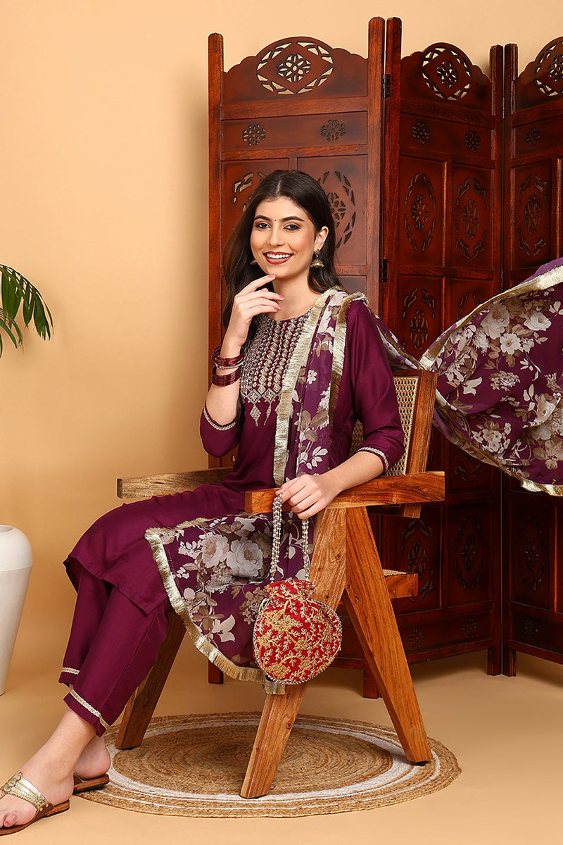 Purple Silk Blend Yoke Design Kurta Pant With Dupatta | SHOBITAM