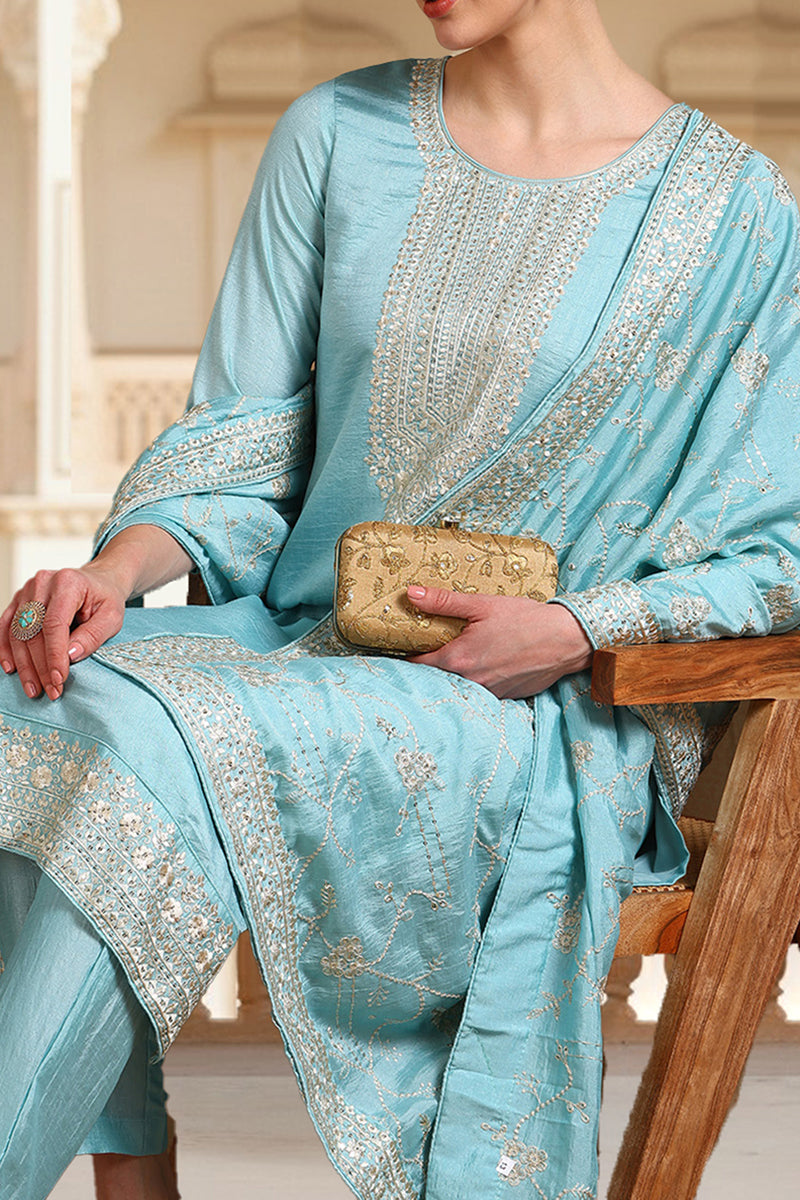 Blue Silk Blend Straight Kurta Pant With Dupatta | SHOBITAM