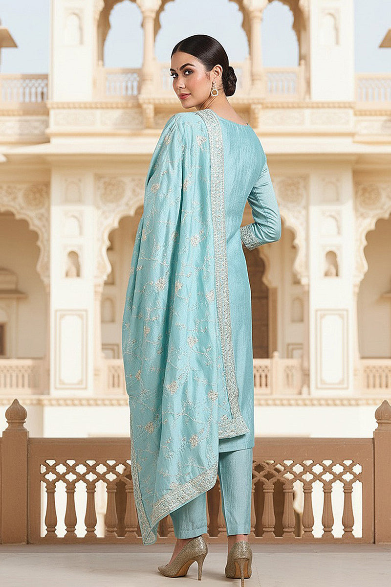 Blue Silk Blend Straight Kurta Pant With Dupatta | SHOBITAM
