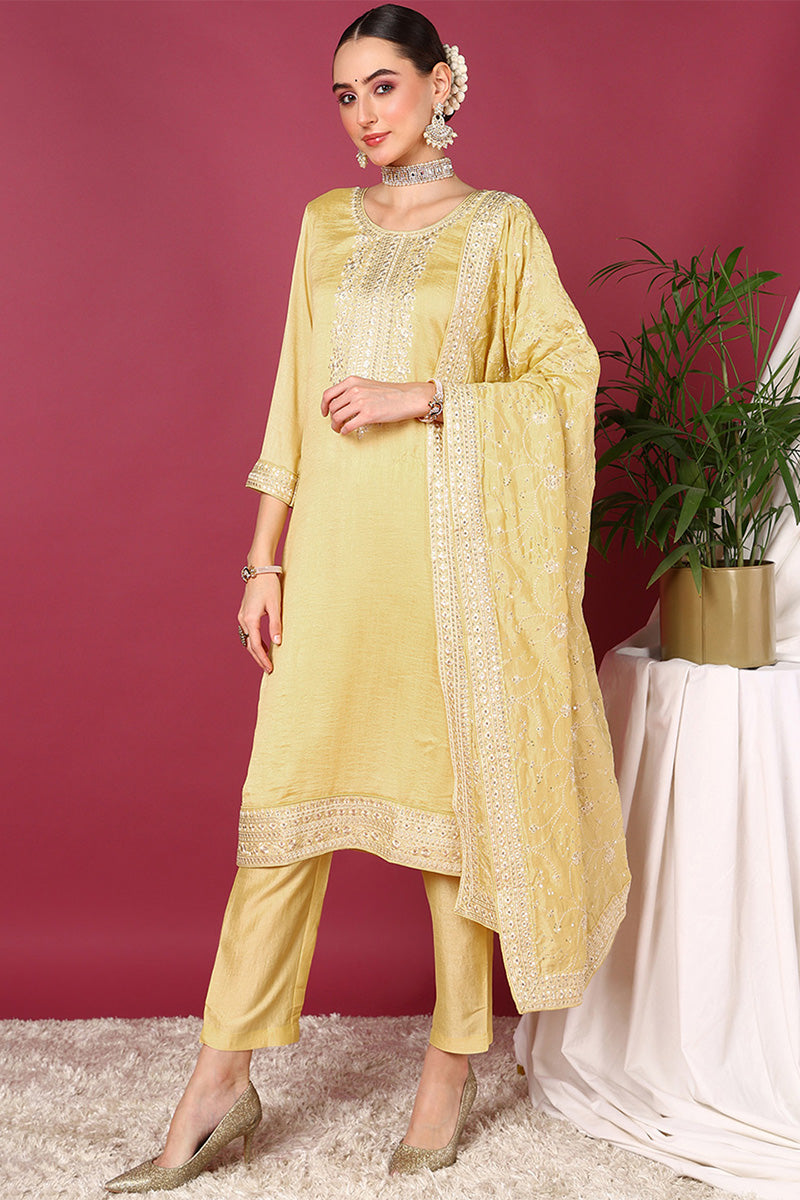 Yellow Silk Blend Straight Kurta Pant With Dupatta |shobitam