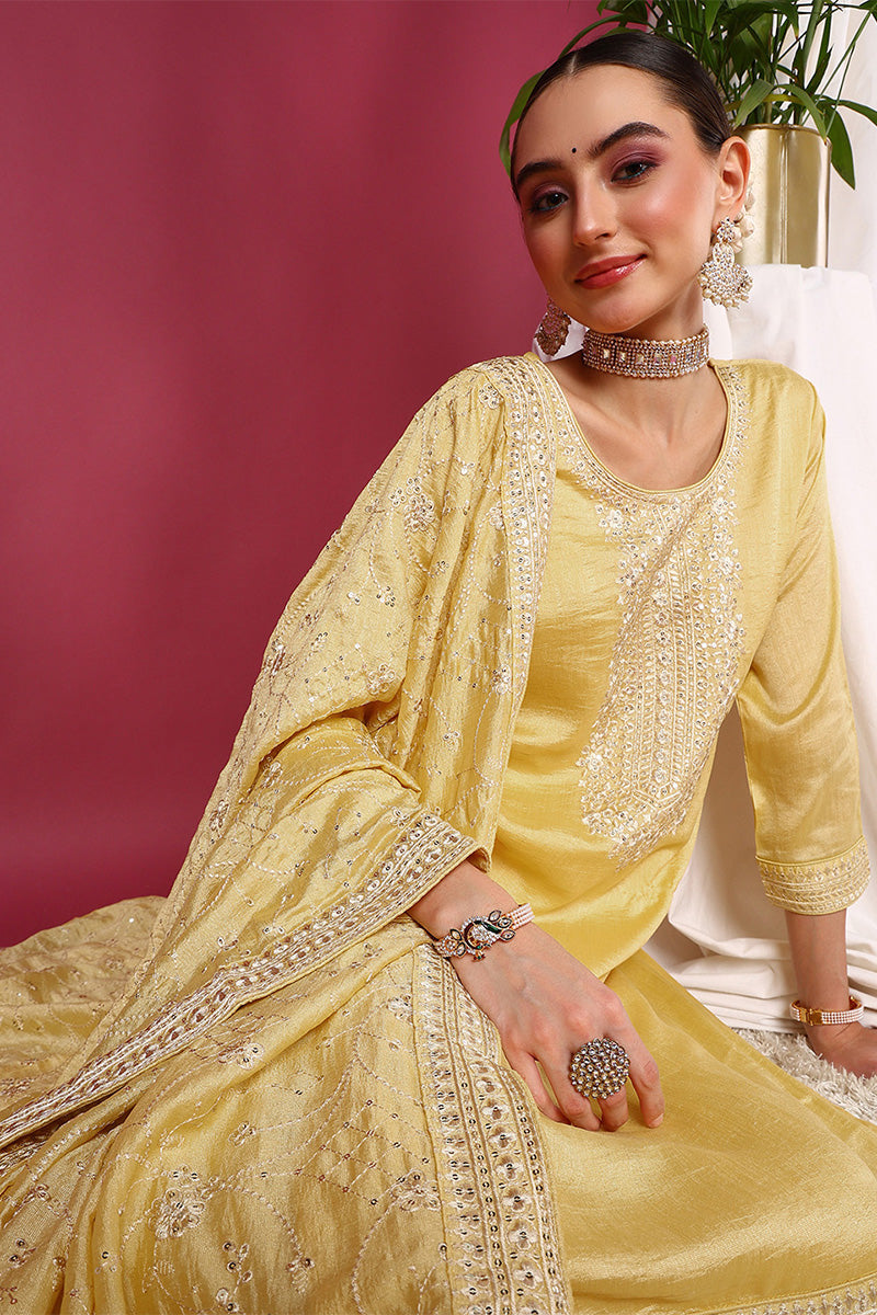 Yellow Silk Blend Straight Kurta Pant With Dupatta |shobitam