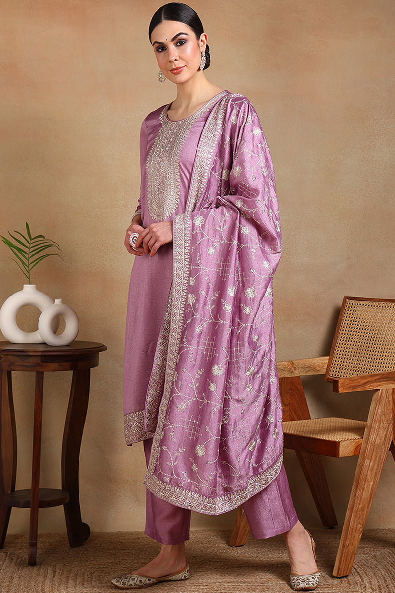 Lavender Silk Blend Straight Kurta Pant With Dupatta | SHOBITAM