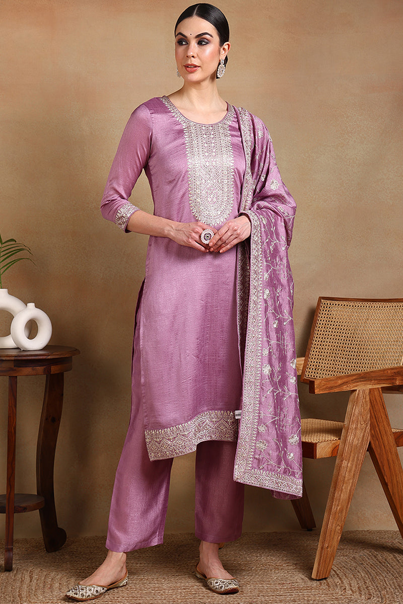 Lavender Silk Blend Straight Kurta Pant With Dupatta | SHOBITAM