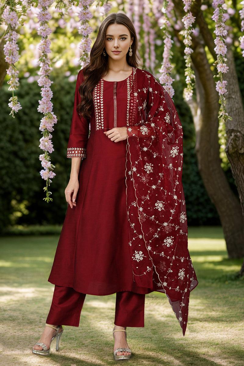 Maroon Silk Blend Straight Kurta Pant With Dupatta | SHOBITAM