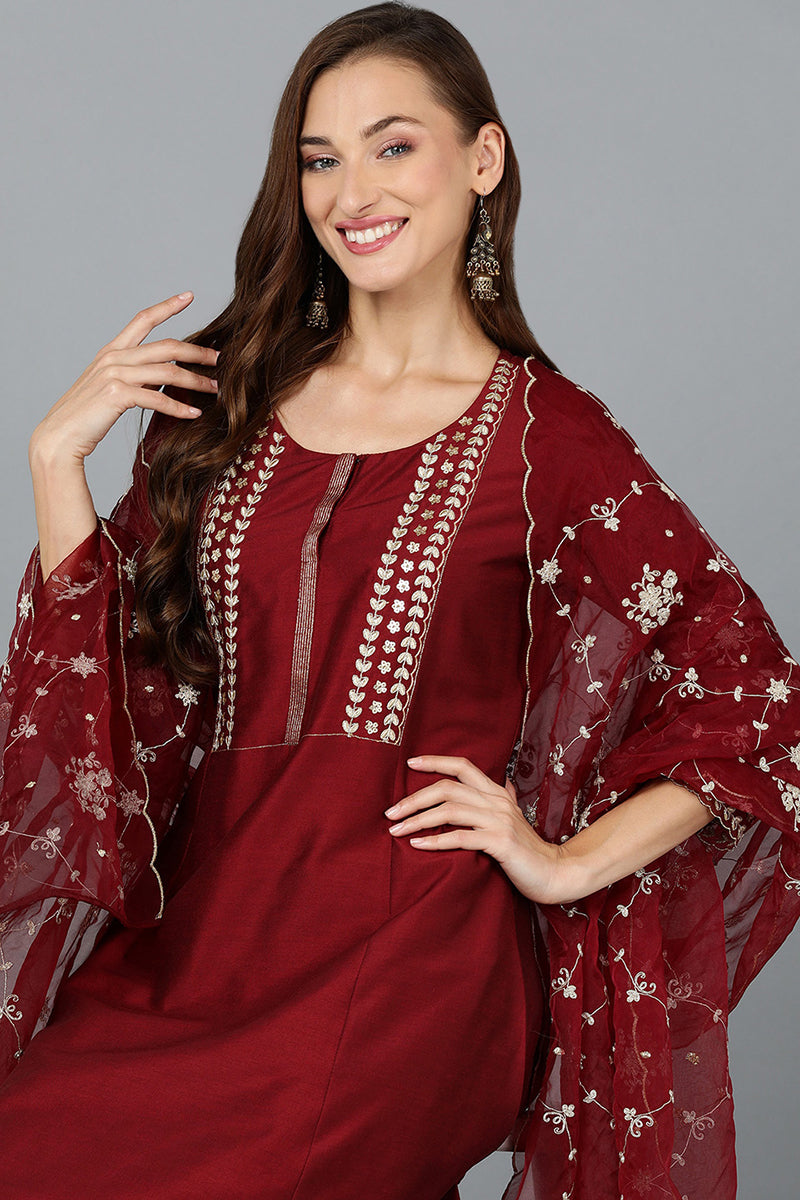 Maroon Silk Blend Straight Kurta Pant With Dupatta | SHOBITAM