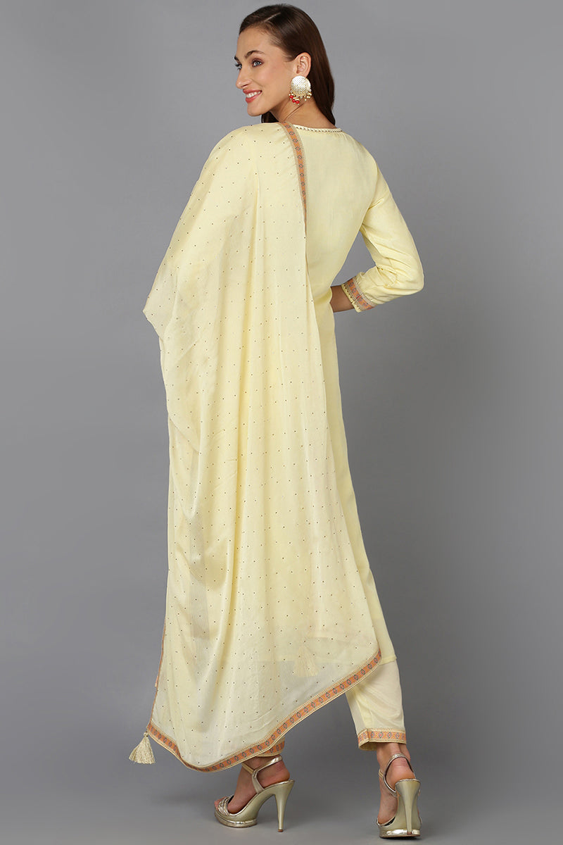 Yellow Silk Blend Ethnic Motifs Straight Suit Set | SHOBITAM