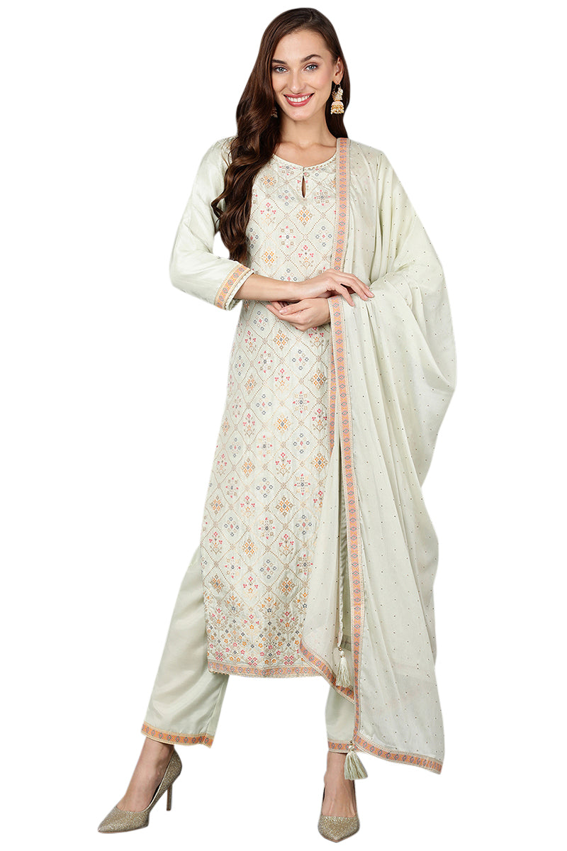 Green Silk Blend Straight Woven Design Kurta Pant With Dupatta | SHOBITAM