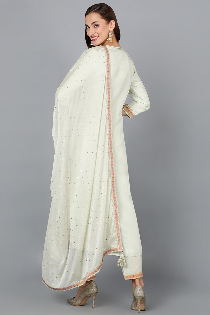 Green Silk Blend Straight Woven Design Kurta Pant With Dupatta | SHOBITAM