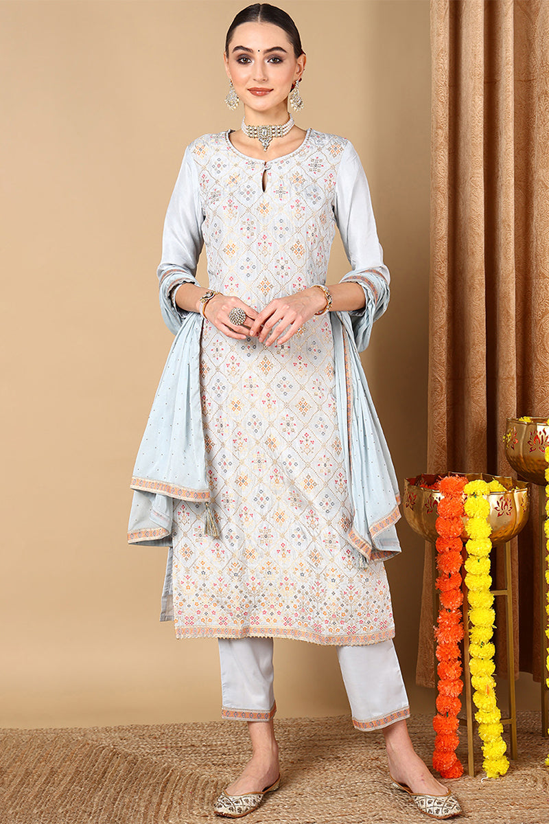 Blue Silk Blend Straight Woven Design Kurta Pant With Dupatta | SHOBITAM