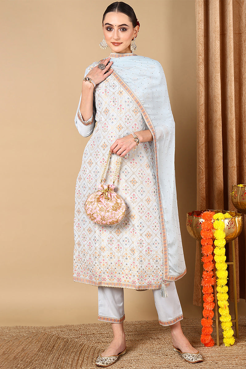 Blue Silk Blend Straight Woven Design Kurta Pant With Dupatta | SHOBITAM