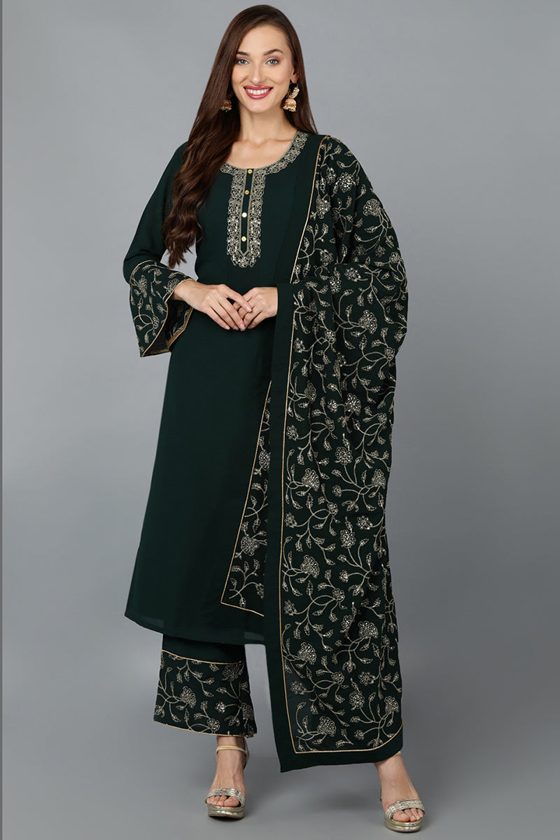 Green Poly Georgette Straight Kurta Palazzo With Dupatta | SHOBITAM
