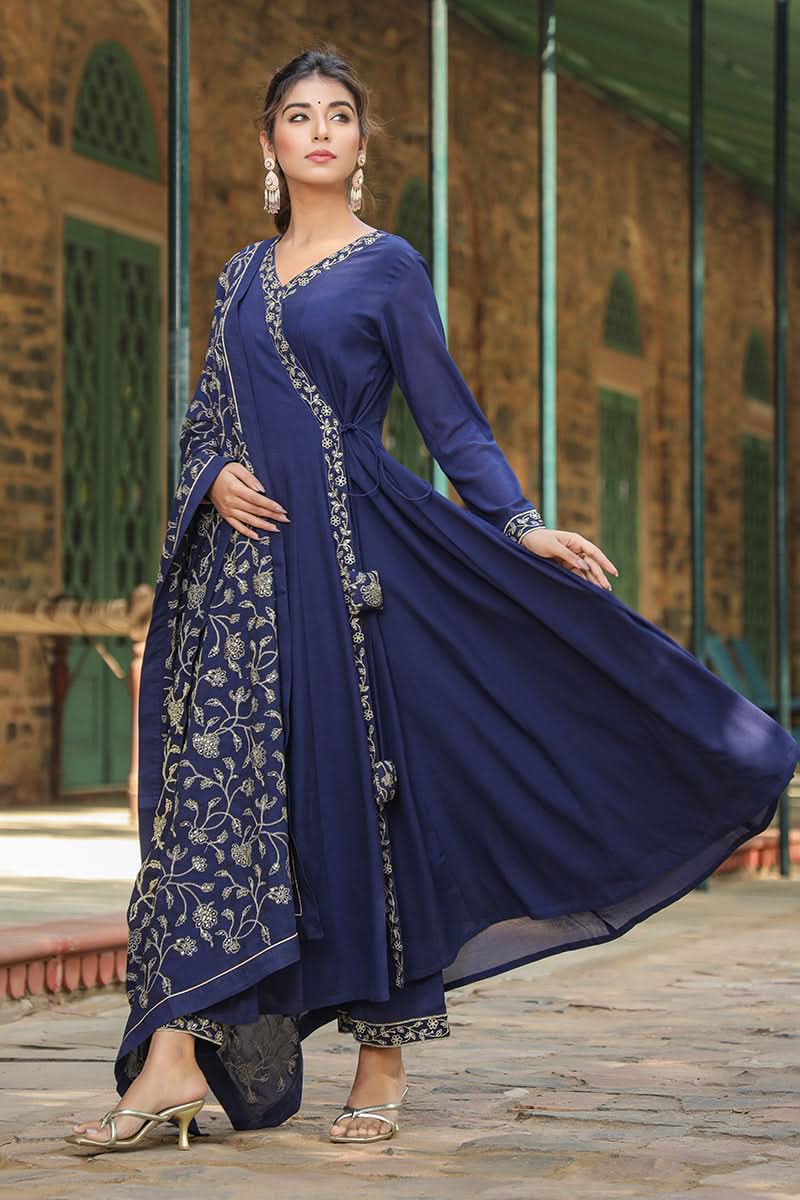 Prussian Blue Poly Georgette Angrakha Pant With Dupatta | SHOBITAM