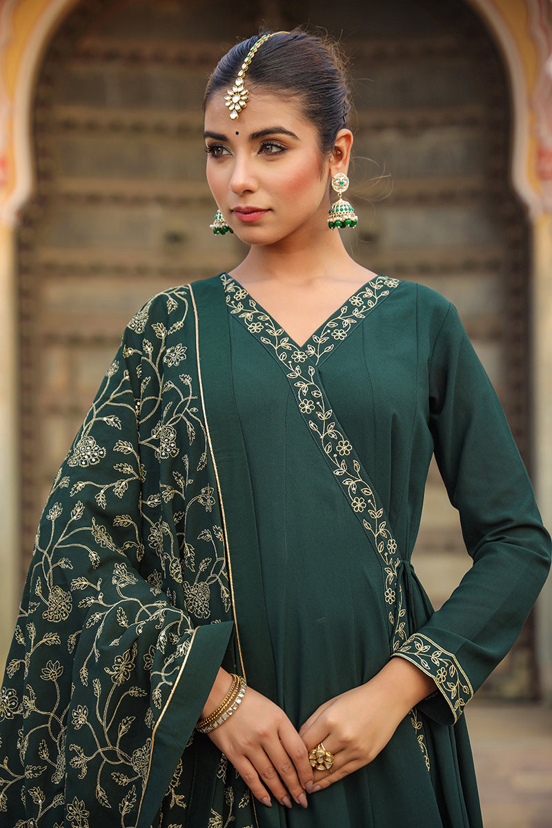 Dark Green Poly Georgette Angrakha Pant With Dupatta | SHOBITAM