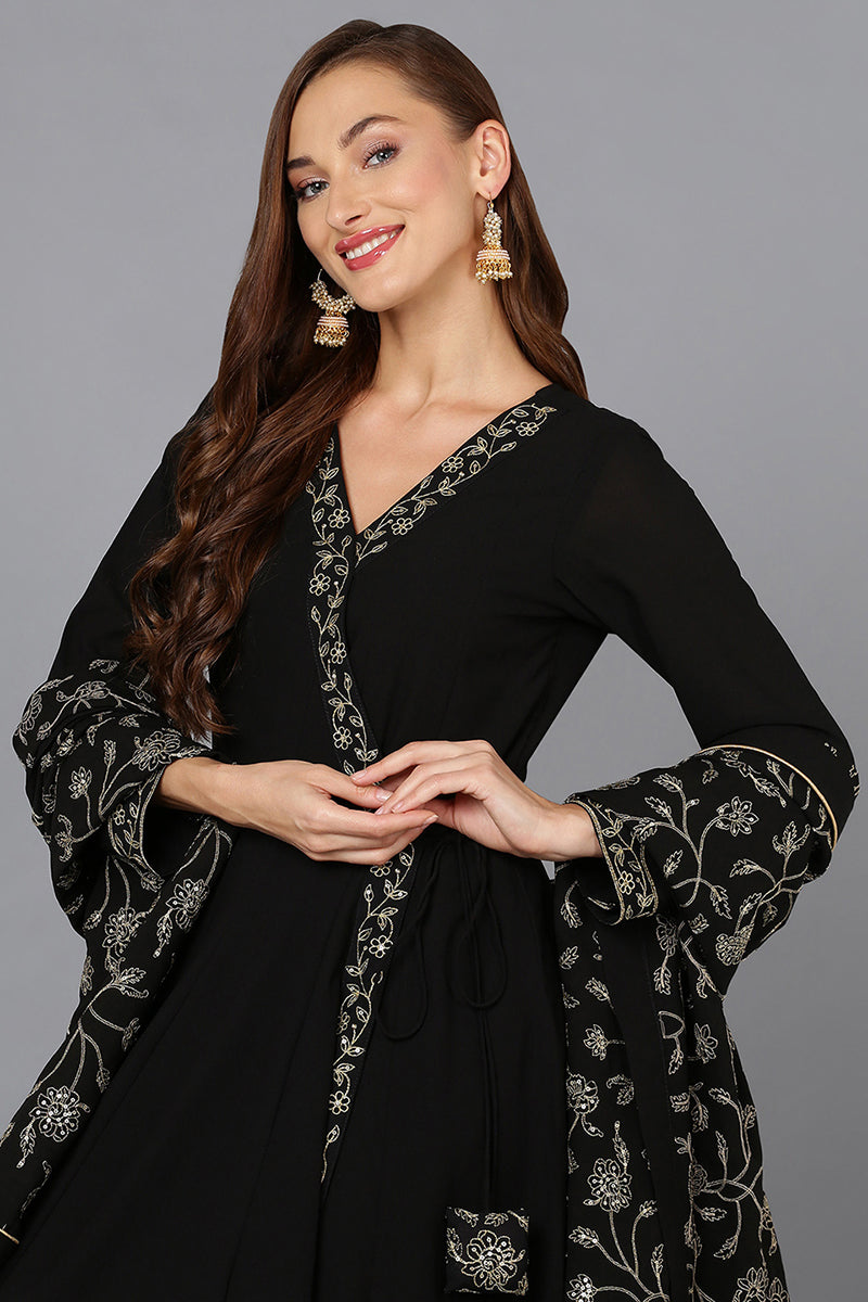 Black Poly Georgette Angrakha Pant With Dupatta | SHOBITAM