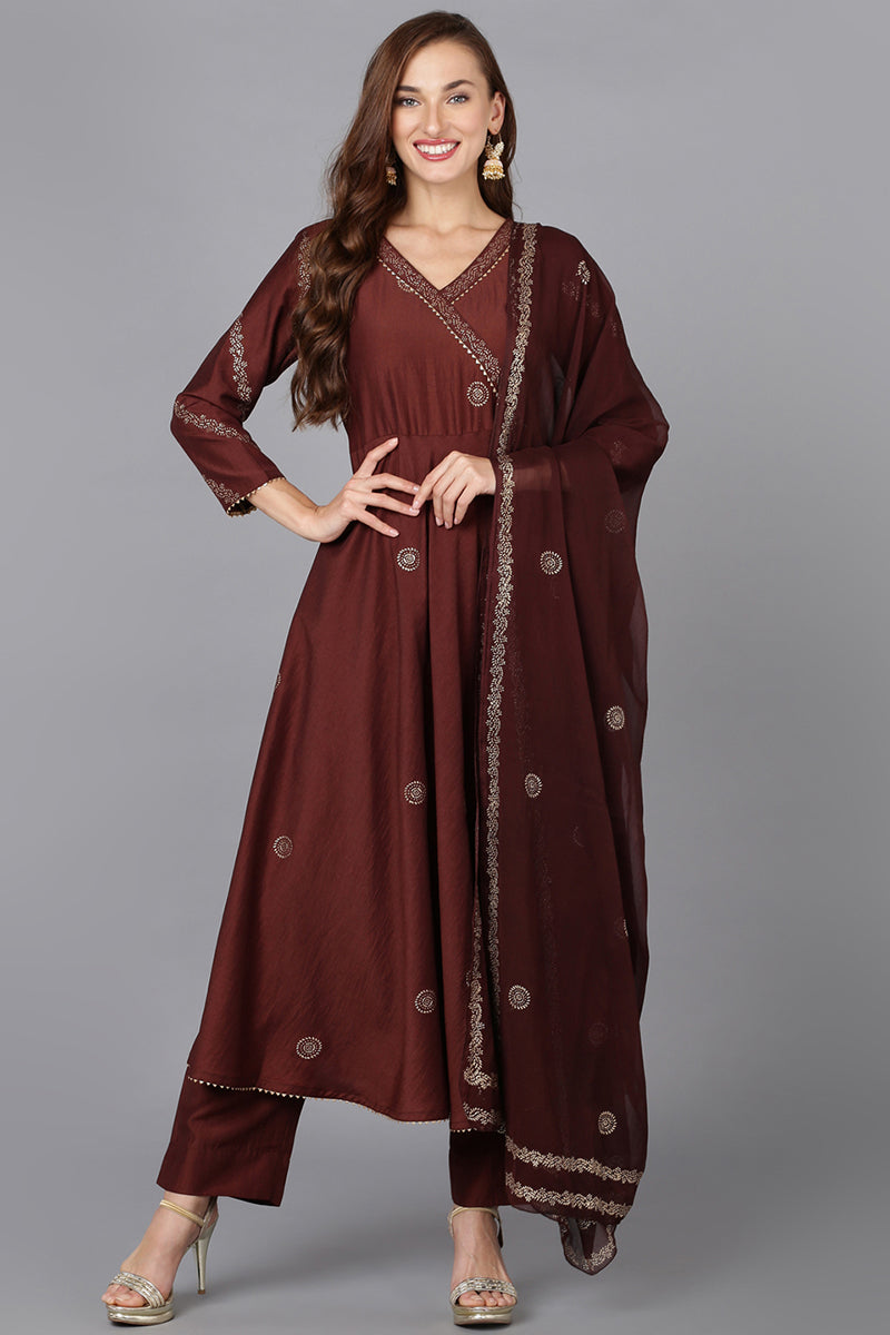 Maroon Silk Blend Anarkali Woven Design Kurta Pant With Dupatta | SHOBITAM