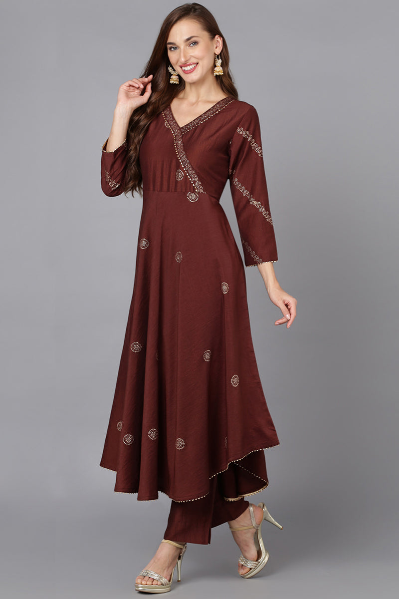 Maroon Silk Blend Anarkali Woven Design Kurta Pant With Dupatta | SHOBITAM
