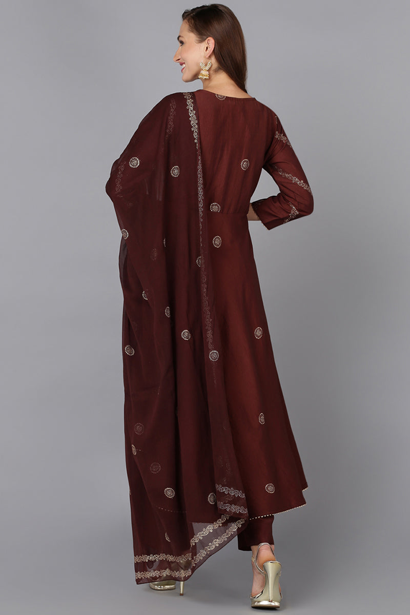 Maroon Silk Blend Anarkali Woven Design Kurta Pant With Dupatta | SHOBITAM