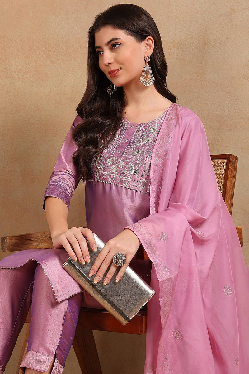Lavender Silk Blend Straight Kurta Pant With Dupatta | SHOBITAM