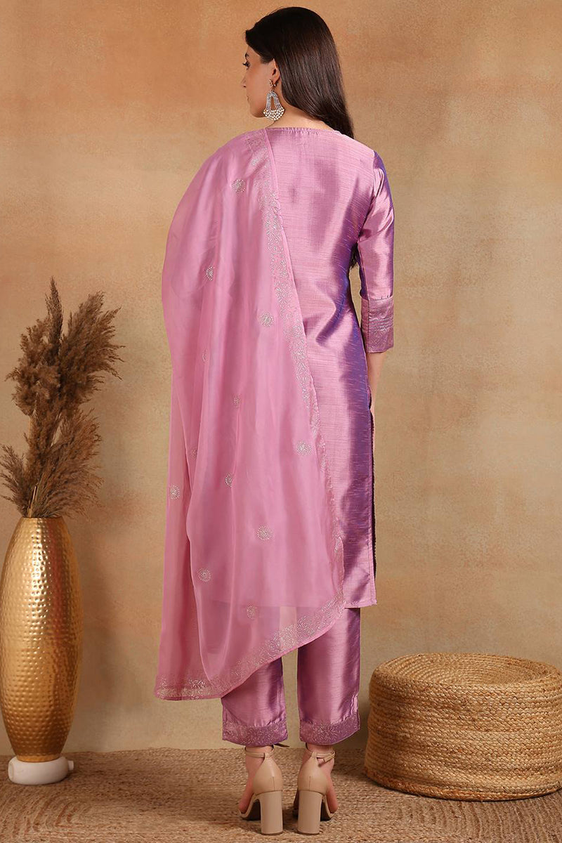 Lavender Silk Blend Straight Kurta Pant With Dupatta | SHOBITAM