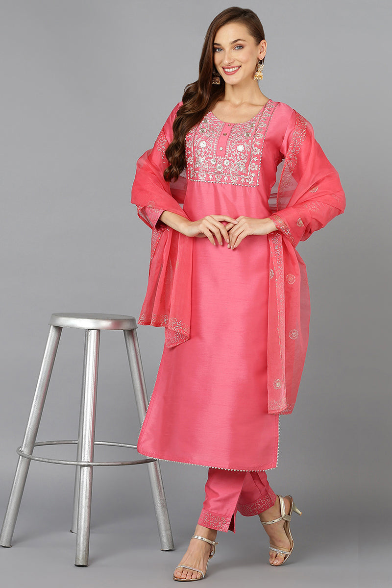 Pink Silk Blend Straight Kurta Pant With Dupatta  | SHOBITAM