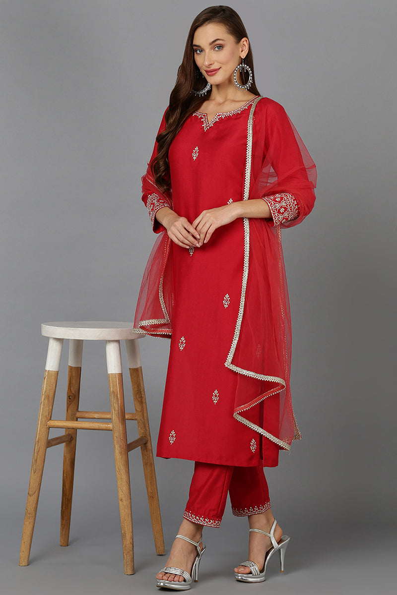 Red Silk Blend Straight Kurta Pant With Dupatta  | SHOBITAM