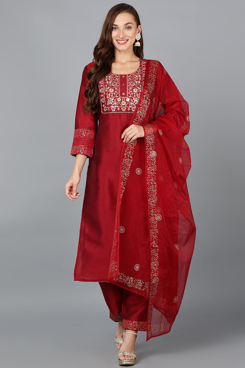 Maroon Silk Blend Yoke Design Kurta Trouser With Dupatta | SHOBITAM