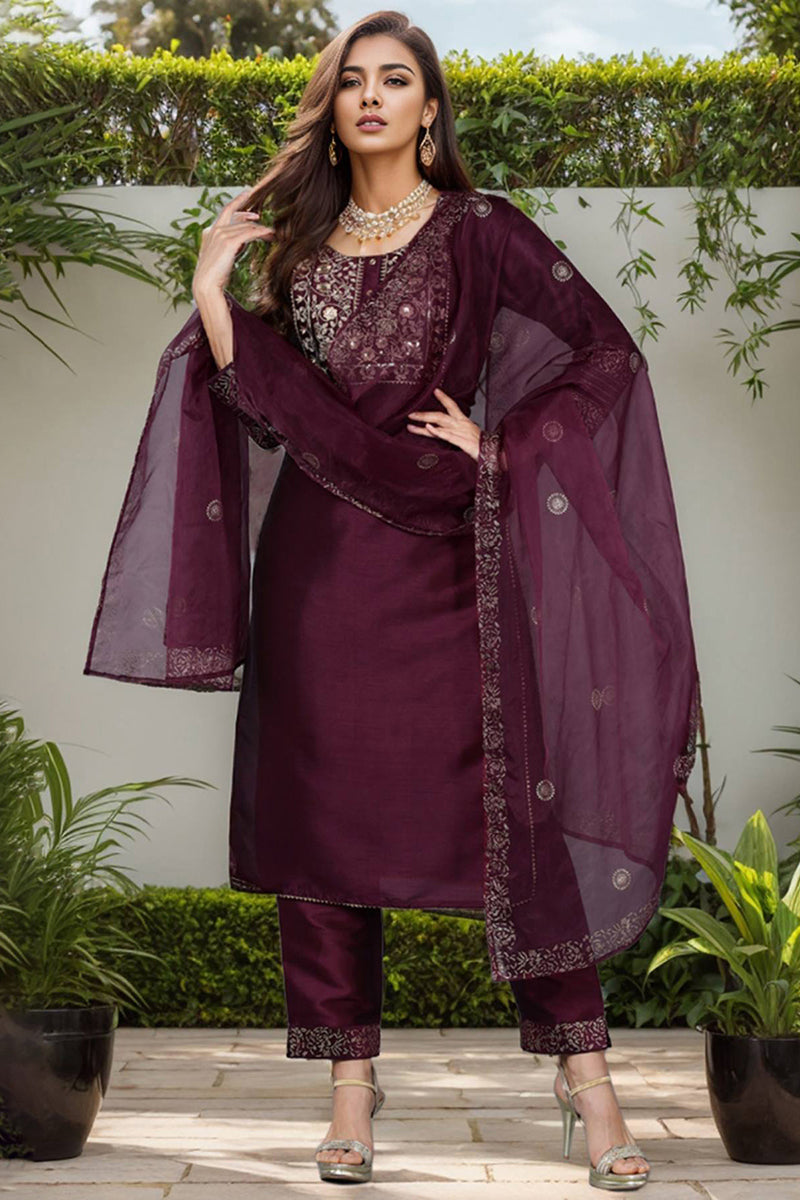 Purple Silk Blend Straight Yoke Design Kurta Pant With Dupatta  | SHOBITAM