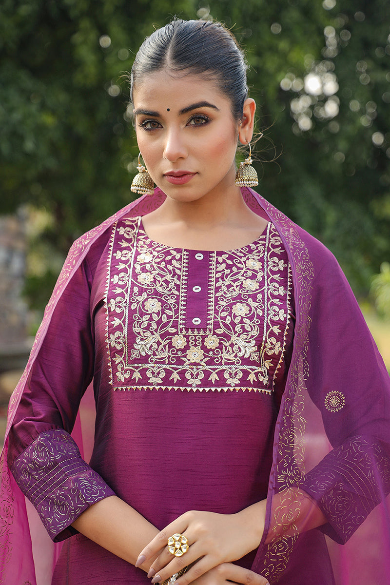 Purple Silk Blend Straight Yoke Design Kurta Pant With Dupatta  | SHOBITAM