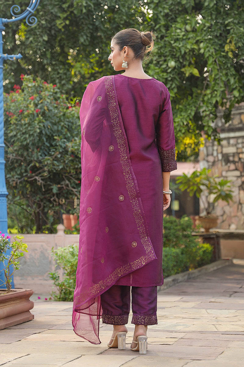 Purple Silk Blend Straight Yoke Design Kurta Pant With Dupatta  | SHOBITAM