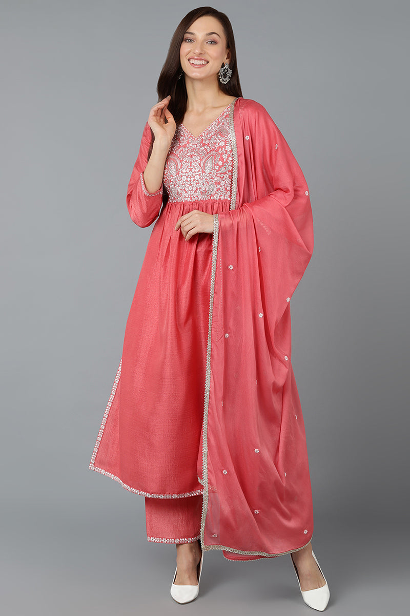 Silk Blend Blush Pink Straight Kurta Pant With Dupatta | SHOBITAM