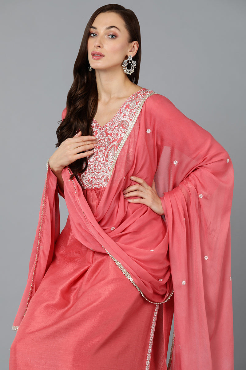 Silk Blend Blush Pink Straight Kurta Pant With Dupatta | SHOBITAM