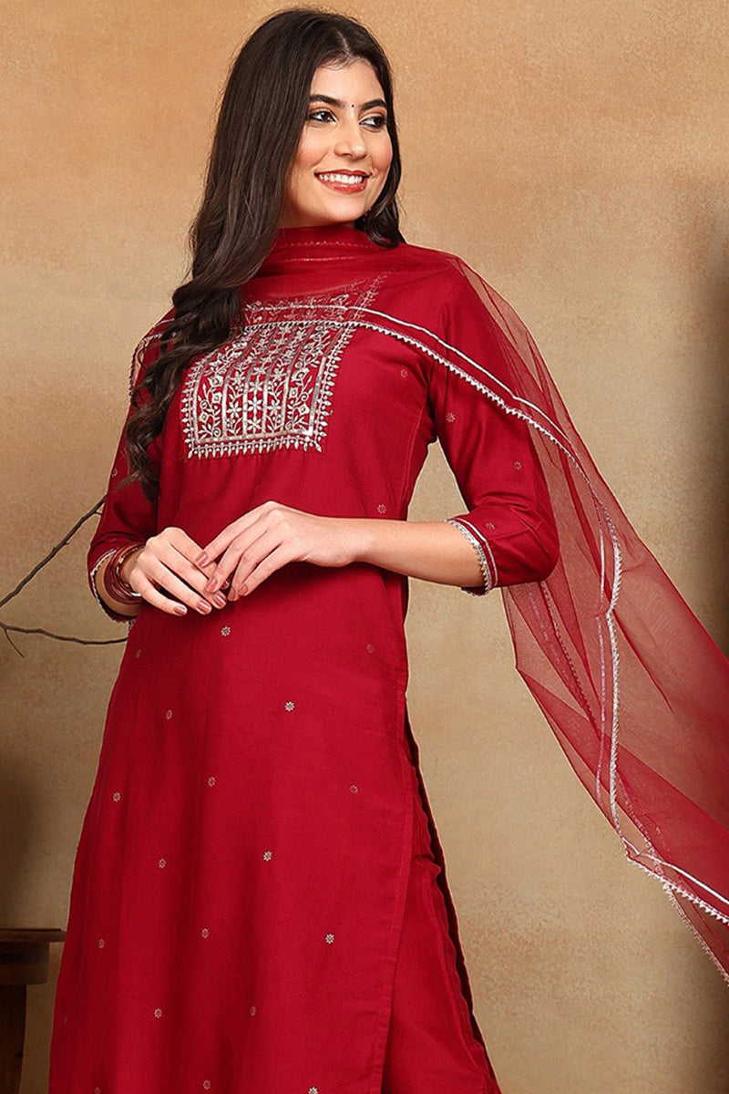 Maroon Silk Blend Rogan Work Straight Suit Set  | SHOBITAM