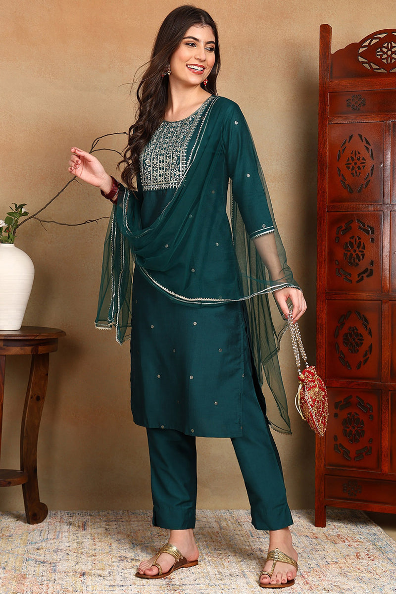 Green Silk Blend Rogan Work Straight Suit Set  | SHOBITAM