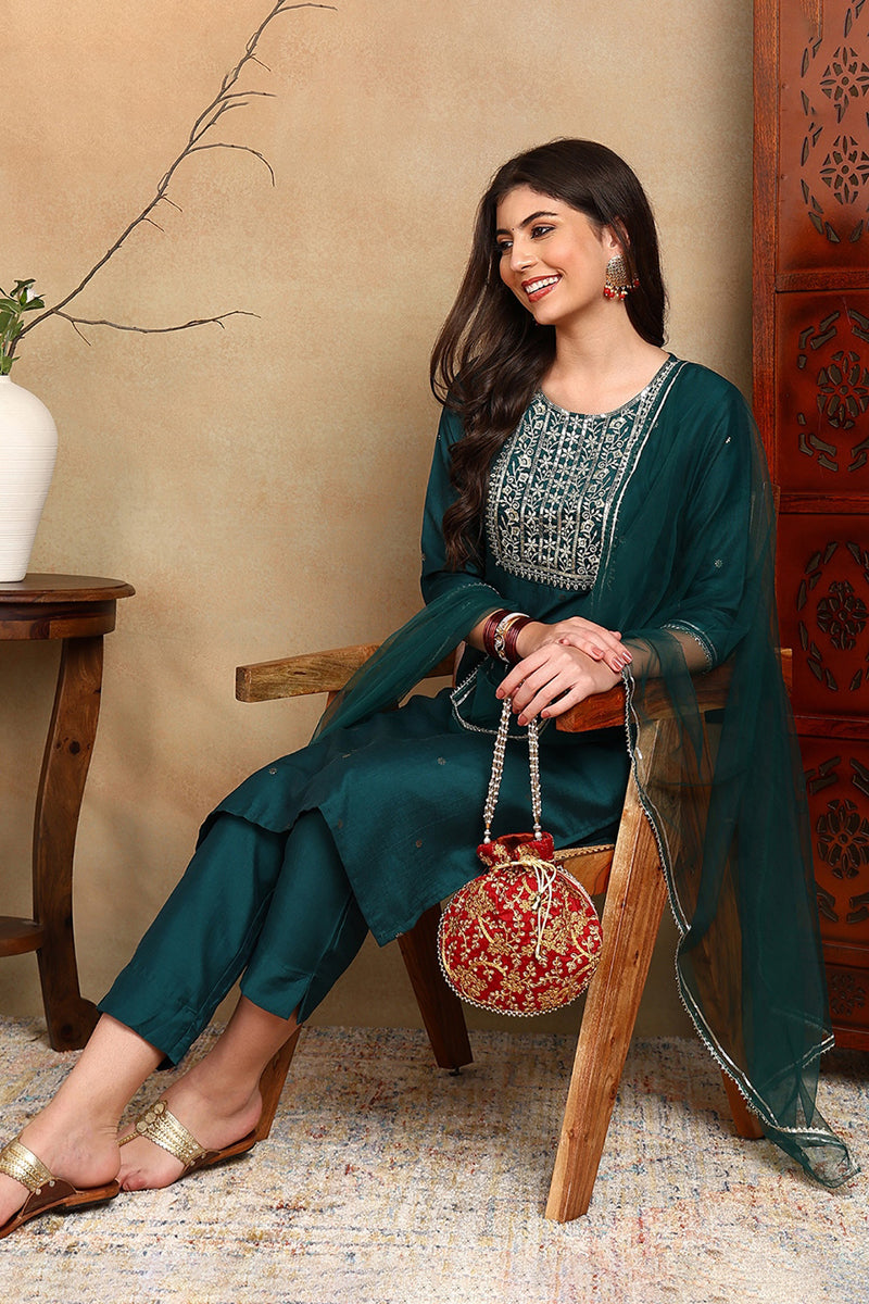 Green Silk Blend Rogan Work Straight Suit Set  | SHOBITAM
