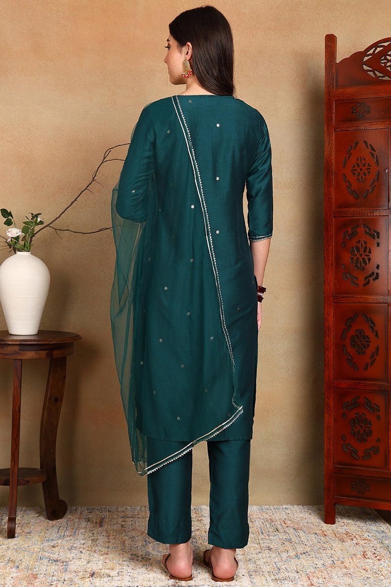 Green Silk Blend Rogan Work Straight Suit Set  | SHOBITAM