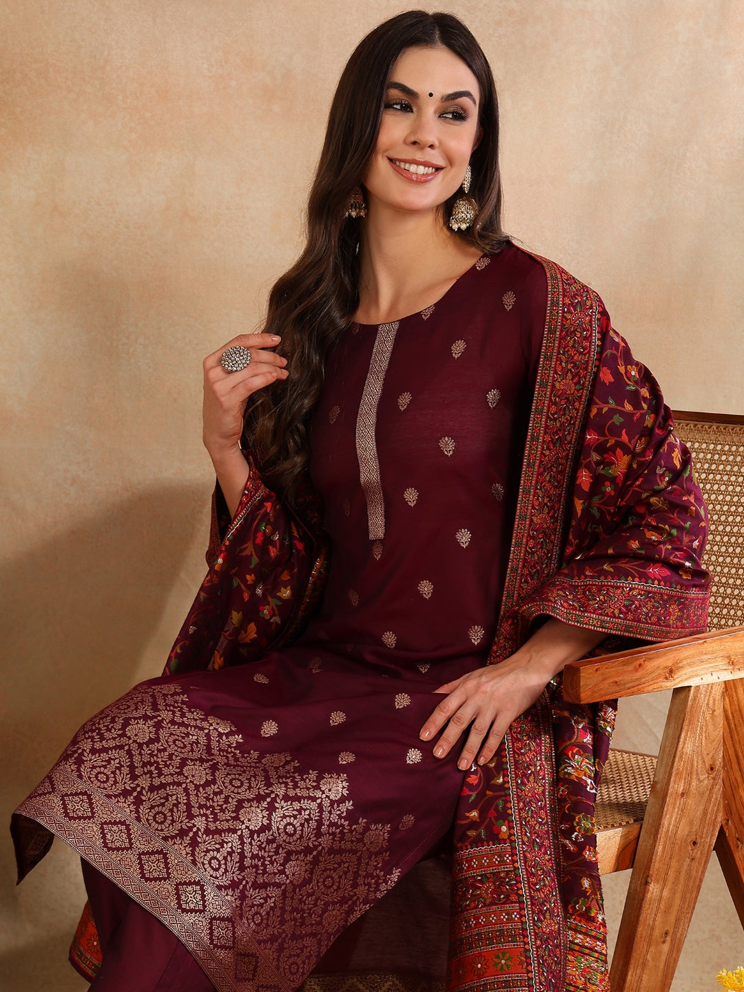Burgundy Silk Blend Ethnic Straight Suit Set | SHOBITAM