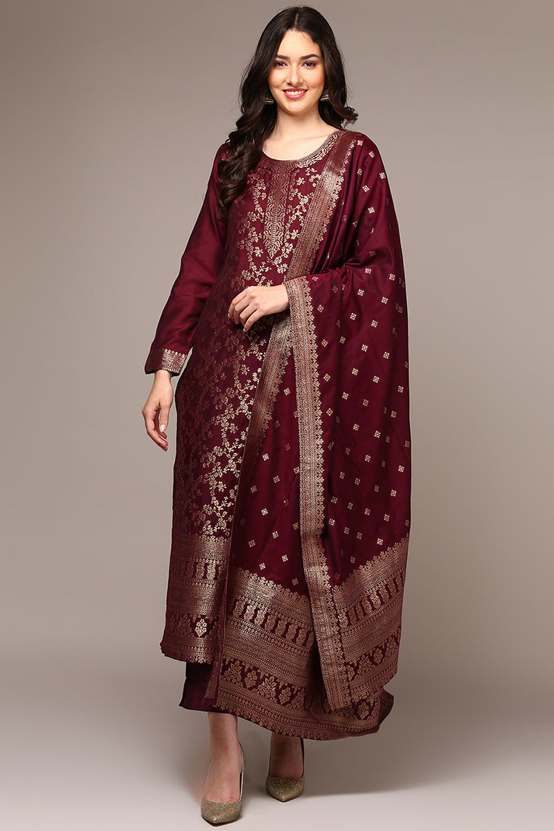 Maroon Poly Chanderi Woven Design Straight Suit Set | SHOBITAM