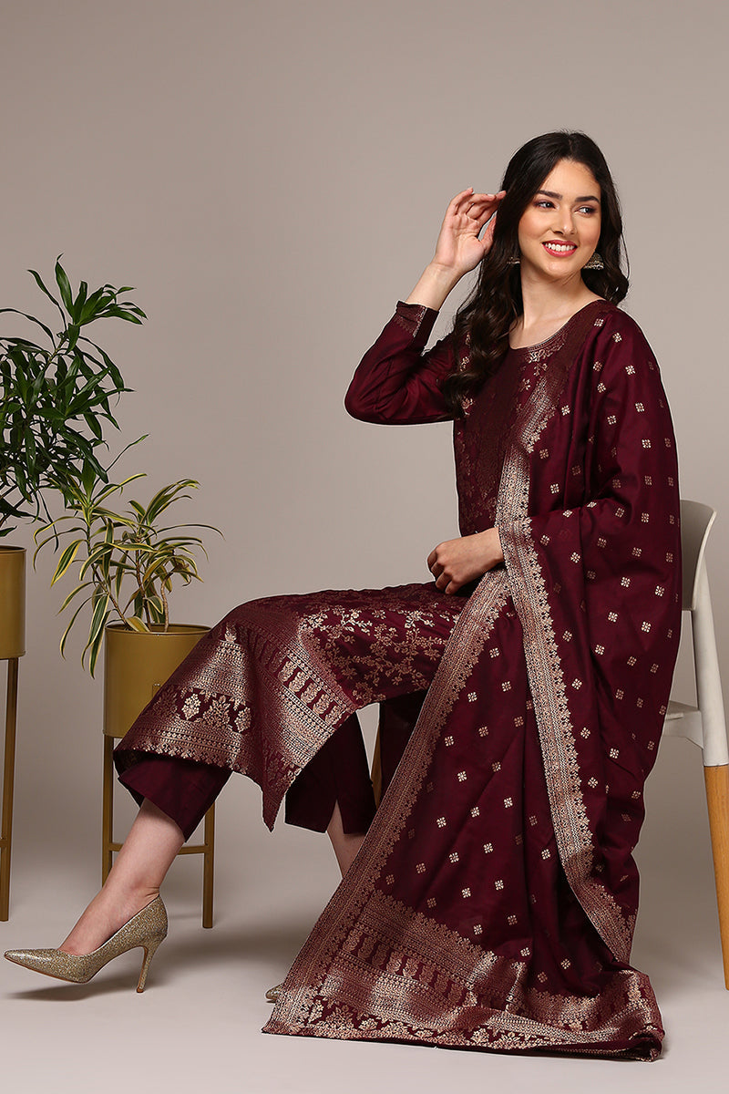Maroon Poly Chanderi Woven Design Straight Suit Set | SHOBITAM