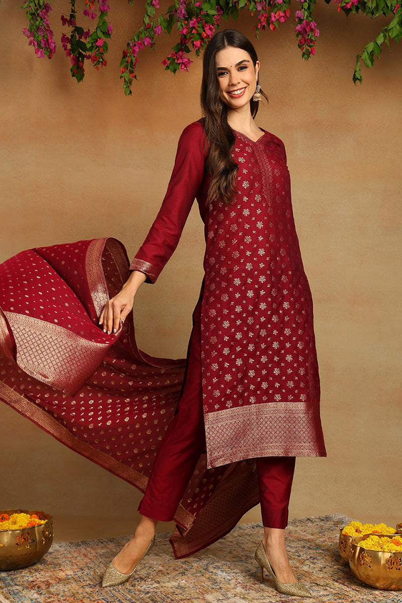 Red Poly Chanderi Woven Design Straight Suit Set | SHOBITAM