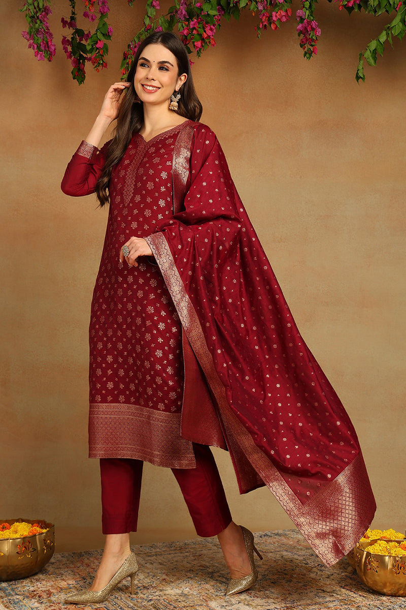 Red Poly Chanderi Woven Design Straight Suit Set | SHOBITAM